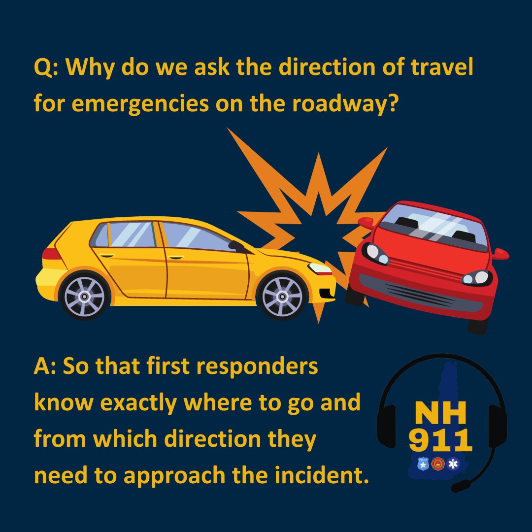 NewHampshire911's tweet photo. To #KnowYourLocation, you should know your direction of travel. Know which way you are going so that you can describe it to #NH911 if you need to report an emergency on the road. Pay attention to road names, mile markers, exit numbers and landmarks too. https://t.co/pCmLulVzRl