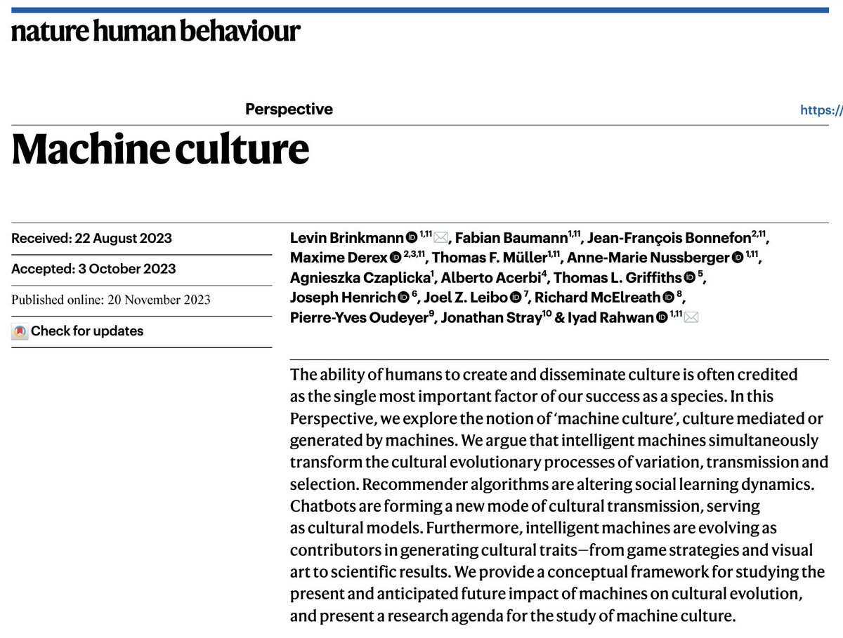 🌍Foundational models are cultural technologies They (will) mediate and influence human culture in ways that are unprecedented: here are the real opportunities 🚀and challenges🚧of #AI today ! 📚Here's a paper to make progress understanding them 💡👇 rdcu.be/drzoS