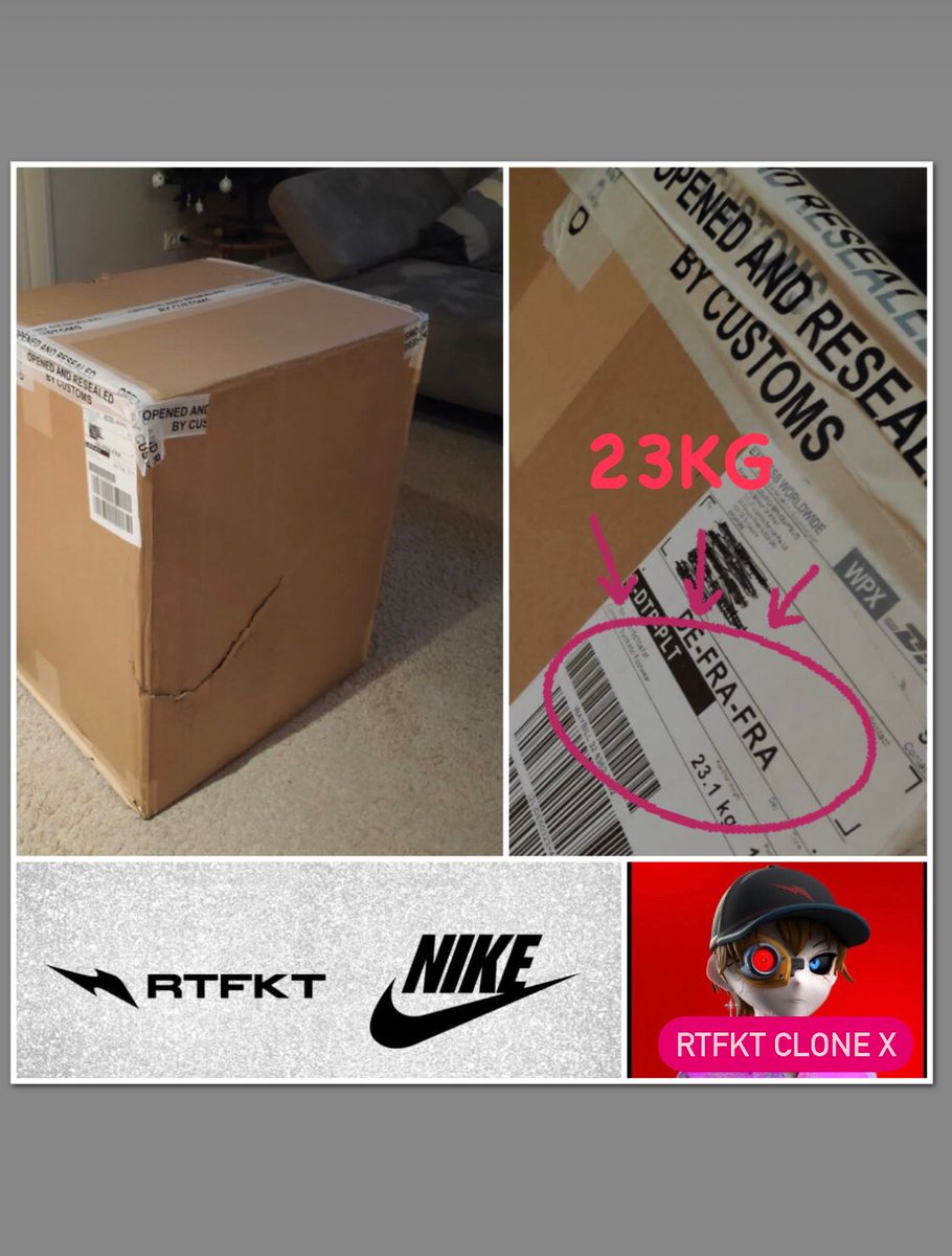 23,1 kg of <a href="/RTFKT/">RTFKT</a> and <a href="/Nike/">Nike</a> / <a href="/dotSWOOSH/">.SWOOSH</a> Air Force 1.
Took me 1 month to get it out of customs! 

🙏🙏<a href="/clegfx/">ClegFX</a> <a href="/benitopagotto/">Benit0 🪬</a> <a href="/Zaptio/">Zaptio RTFKT</a> <a href="/RTFKTcreators/">RTFKT Creators</a> 

#rtfkt #sneakers #sneakerhead #af1