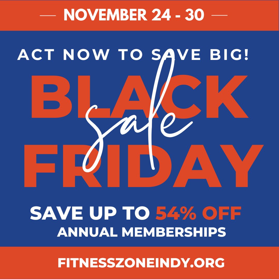 Reach your fitness goals and save! Visit the Fitness Zone at 727 N. Oriental St. and stop by the front desk or online at fitnesszoneindy.org – use code BF2023
Annual Membership includes group fitness classes,  one-on-one personal training and more!