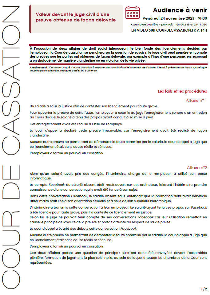 Courdecassation's tweet photo. 🏛[Audience] Vendredi à 9h30 - la Cour de cassation se penchera sur la question de savoir si le juge civil peut prendre en compte des preuves que les parties ont obtenues de façon déloyale.
💡Comprendre les enjeux de l'audience > https://t.co/PxLhzppTS4 https://t.co/CZ55EnSKgZ