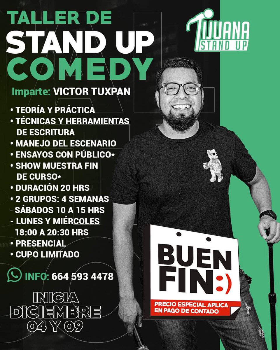 VicTuxpan's tweet photo. OFERTON🏷️ 
Convierte tus ideas y anécdotas en una divertida rutina de Stand Up Comedy 🎤🔥 
Pregunta por la promo del Buen Fin. https://t.co/s3o36krwuA