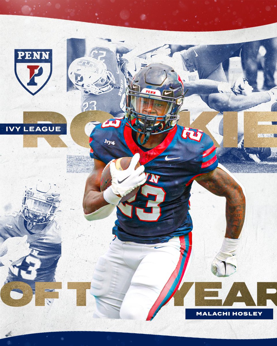 🌿 𝐑𝐎𝐎𝐊𝐈𝐄 𝐎𝐅 𝐓𝐇𝐄 𝐘𝐄𝐀𝐑 🌿 @hosley_malachi is Penn's first @IvyLeague ROTY winner in 30 years (Miles Macik in '93) after a tremendous freshman season, rushing for 723 yards and seven TDs! 📰 bit.ly/47DGNLn #FightOnPenn x #BEGREAT