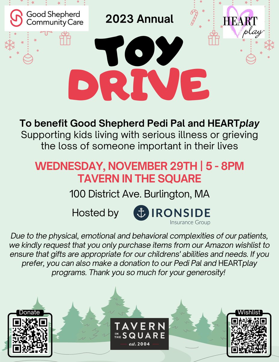 GSCommunityCare's tweet photo. Please join us at Tavern in the Square Burlington for our Annual Toy Drive to benefit our Pedi Pal and Heartplay programs. Thank you!
#hospice #endoflifecare #palliativecare #toydrive #community #boston https://t.co/PVXgEgLRNe