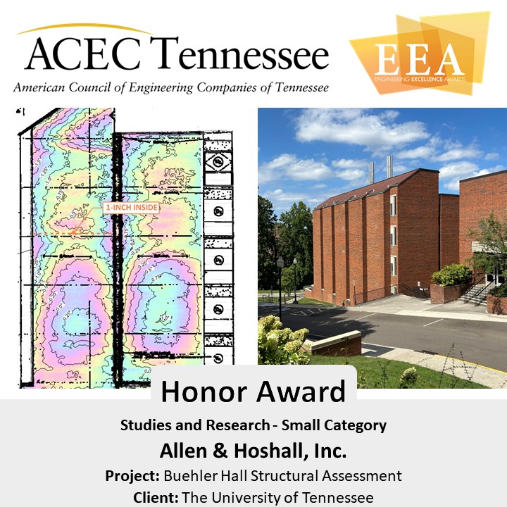 The Honor Award for the Studies and Research - Small category is:
Allen &amp; Hoshall, Inc.
For their Buehler Hall Structural Assessment project for the The University of Tennessee.

<a href="/AllenHoshall/">Allen & Hoshall</a>
