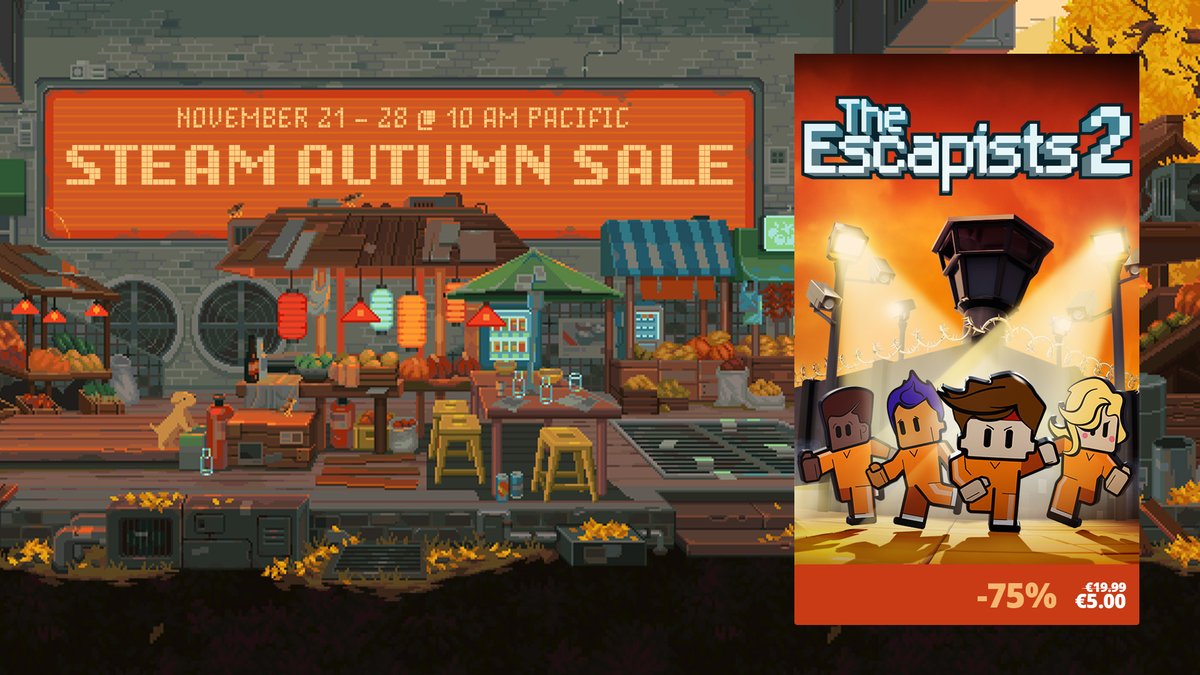 The Escapists 2 is 75% OFF in the Steam Autumn Sale! 🍂

🗝️ Addictive prison simulation
✨ 300+ customisations
👬 Escape with friends!

Already own it? Discover up to 80% OFF all Escapists games and DLCs on Steam: bit.ly/TW-TheEscapist…