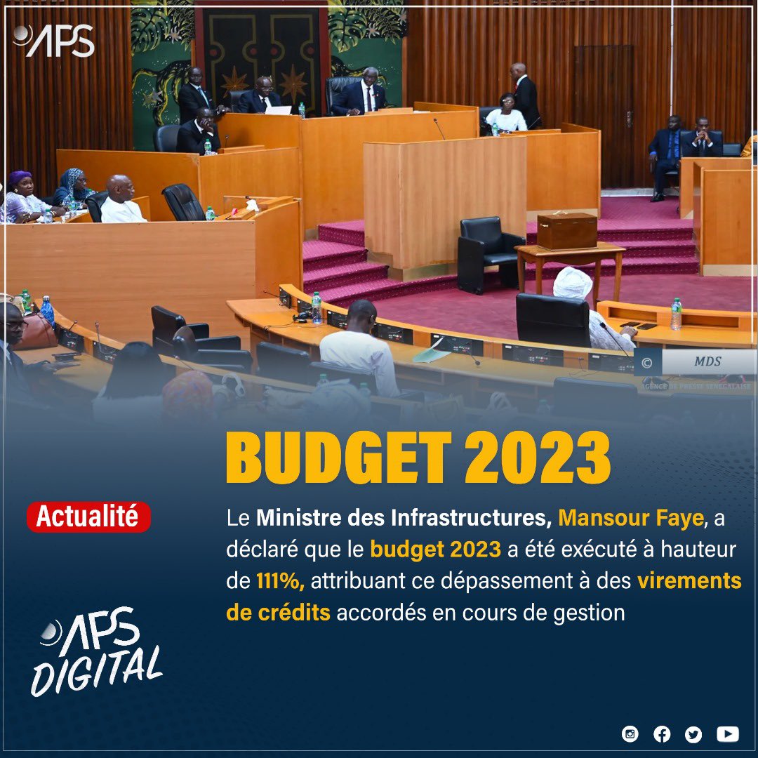 APS_Senegal's tweet image. Le ministre des Infrastructures, Mansour Faye, a déclaré que le budget 2023 a été exécuté à hauteur de 111%, attribuant ce dépassement à des virements de crédits accordés en cours de gestion.

Lire l’article : aps.sn/ministere-des-…

#APS #budget2023