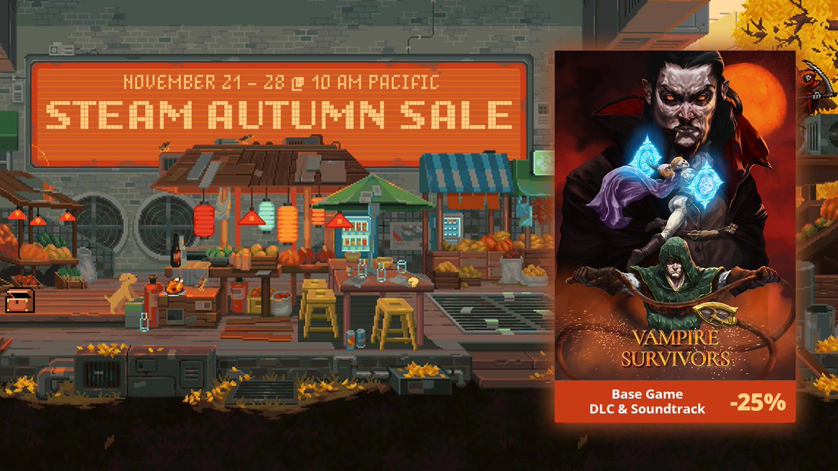 Vampire Survivors is in the Steam Autumn Sale! 🍂🕯️

🧛 Sink your teeth into 25% off the Base Game, DLC & Soundtrack!

s.team/a/1794680
#VampireSurvivors #SteamAutumnSale #gaming