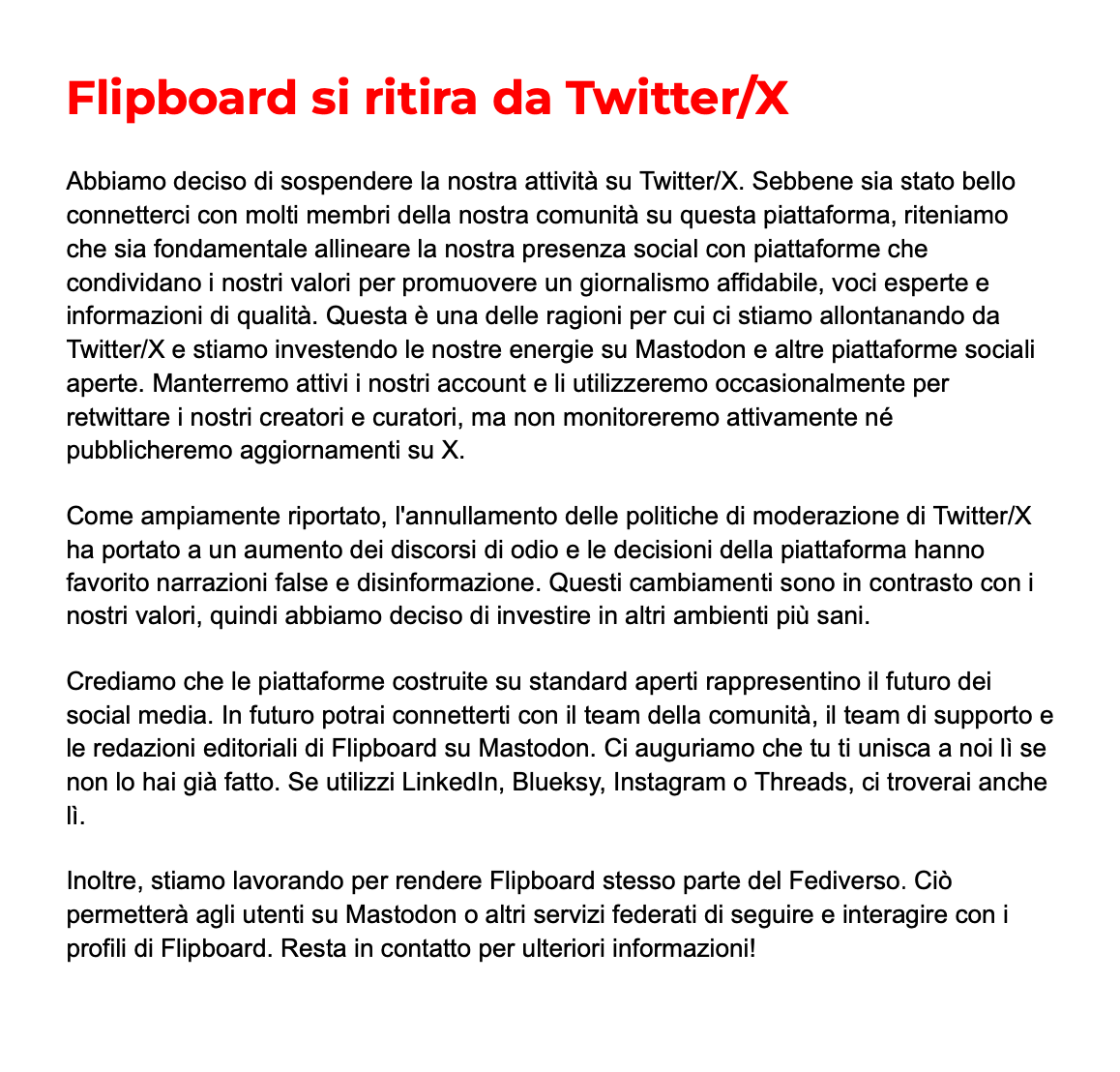 Stiamo sospendendo la nostra attività su Twitter/X e spostando la nostra attenzione su Mastodon e altre piattaforme aperte. Speriamo di connetterci con voi lì. Per ulteriori informazioni, vi preghiamo di leggere la nostra dichiarazione flipboard.medium.com/flipboard-step…