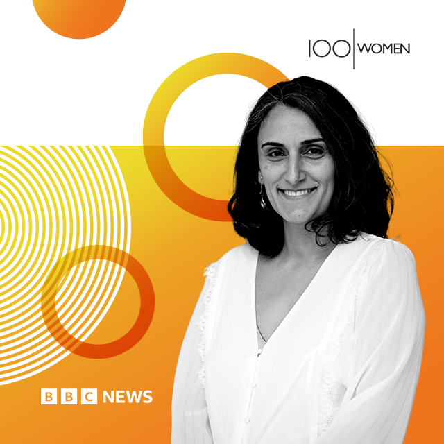Black and white headshot of Prof. Canan Dagdeviren against a colorful background that includes the BBC News logo and the words "100 Women."