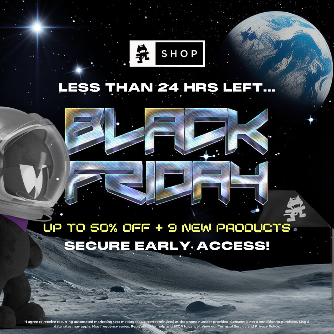 Monstercat's tweet image. 🚀🌌 Get ready to launch into Black Friday TOMORROW! 🌟 Don't miss out on up to 50% off, exclusive new #Monstercat apparel, and limited edition vinyl drops. 🎶✨ This is your LAST CHANCE to join our VIP Text squad &amp;amp; secure 6 HOURS of early access before anyone else!📱💫 Hurry,