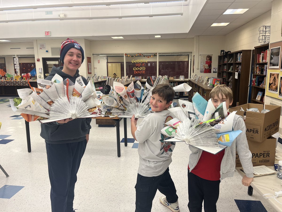 LibraryMESMS's tweet image. We made close to 100 book turkeys in the library this year! We recycled books that were damaged or outdated in order to let our creativity shine!