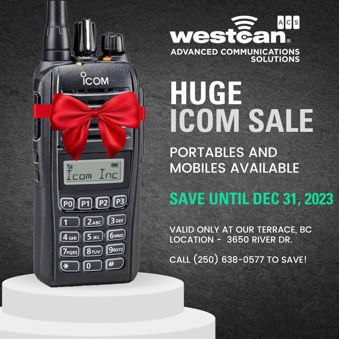 Our Terrace, BC location is helping you save on ICOM. Save on select models until December 31, 2023. This offer is only valid at our Terrace office, and available while supplies last!