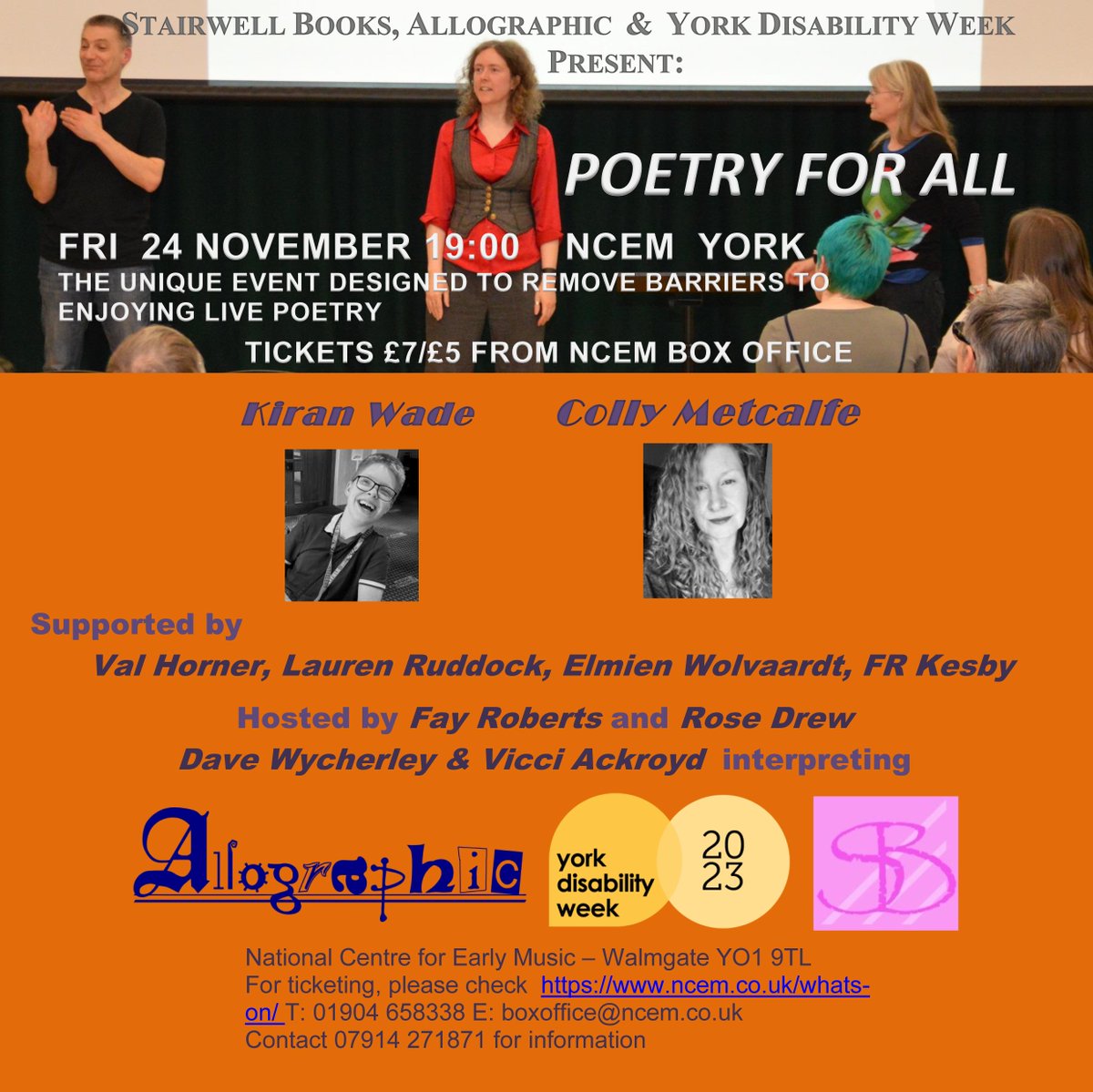 RoseBoneCrone's tweet photo. HEY #YORK! (and elsewhere!) @PoetryForAllUK is THIS Friday, at NCEM. We aim to break down as many barriers to enjoying live poetry as possible! 7pm for 7.30 start, carers &amp; service dogs welcomed, #BSL interpreted, words on a screen, in a place designed for sound. Join us! https://t.co/v1zqPpDrs4