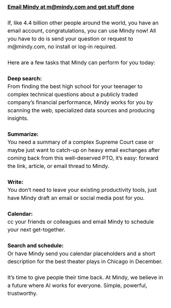FrankRose1856's tweet photo. @MindyGenAI is getting very good at photos. Just email m@mindy.com and ask for what you want. Not just photos, they say they are a Chief of Staff, not just an AI assistant. I like the very simple interface, excellent for folks afraid of complex prompting sites. No need to sign up to anything, give them a whirl. (I don't work for them 😇)