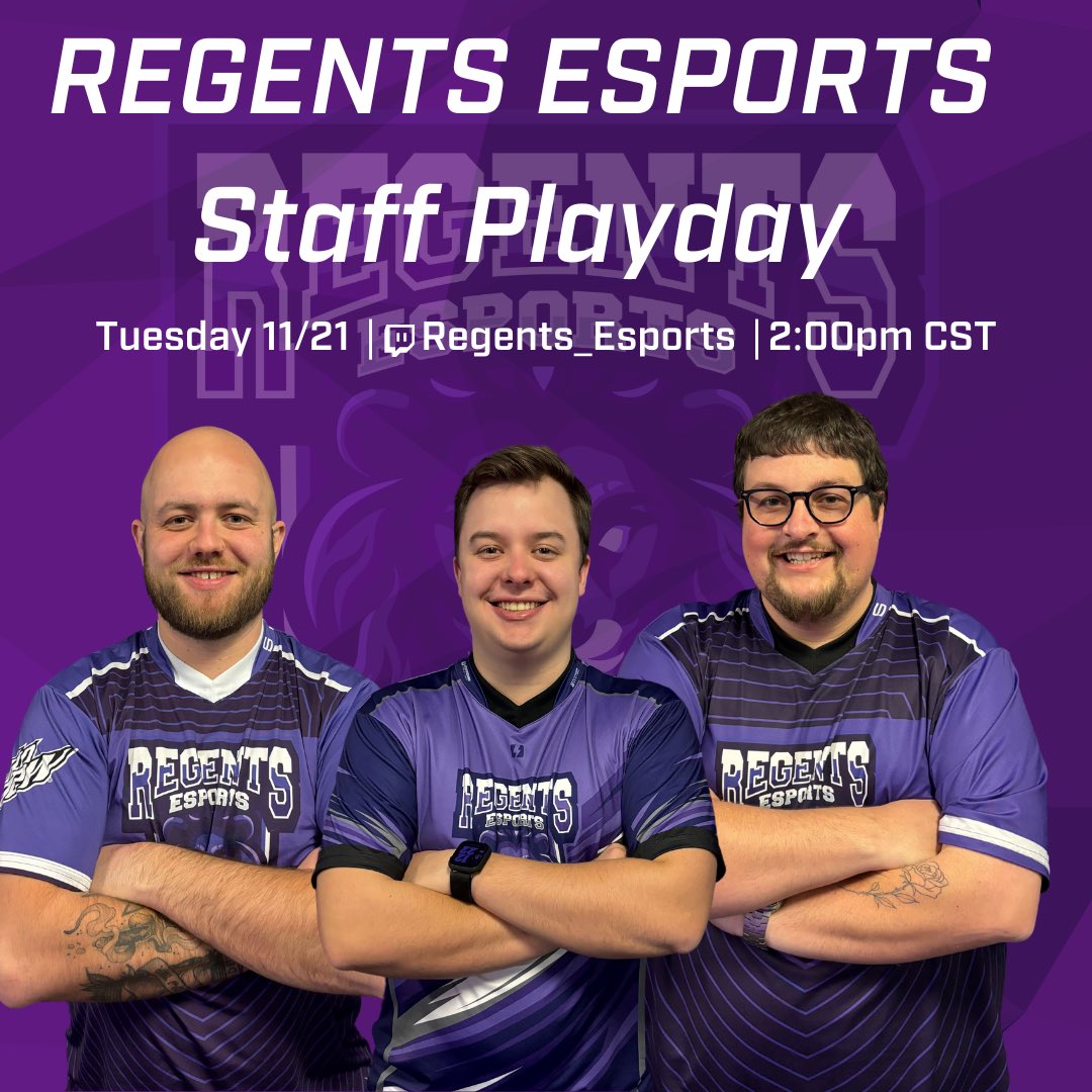 Just because there’s no games this week doesn’t mean we’re not gaming! Join the Regents Esports staff TODAY at 2:00 pm CST for some gaming action!

We’ll be live on #Twitch at twitch.tv/RegentsEsports!

#RegentsReign <a href="/RockfordUniv/">Rockford University</a> @RUcoachT <a href="/RUDeanOfFun/">Alex Johnson</a> <a href="/claycduffy/">Clay Duffy</a> 🦁👑