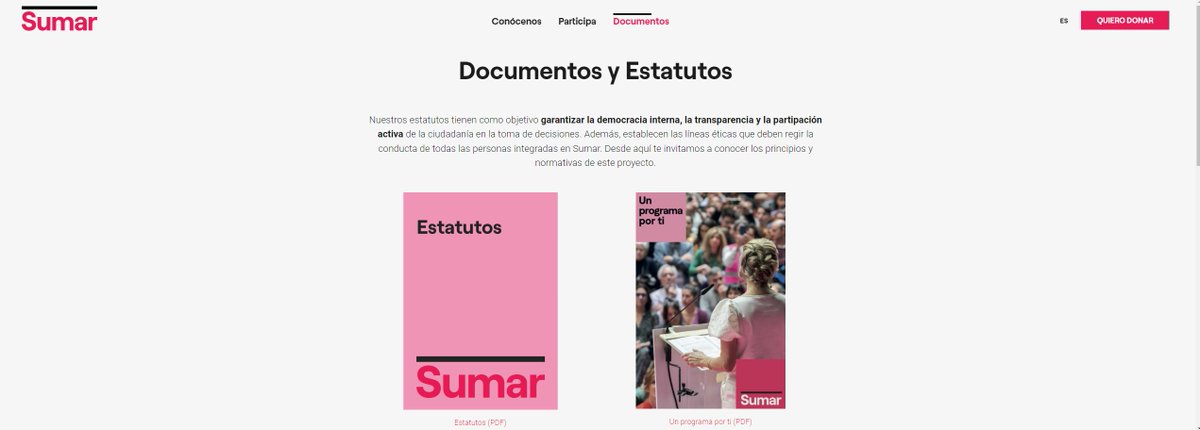 AlexLoren19's tweet photo. Me he querido dar un paseíto por la web de movimiento sumar para aprender un poco lo que es la izquierda de verdad.
En la pestaña de presentación (Foto 1) un formulario para hacerte spam y pedirte pasta.
En la pestaña "conócenos" (Foto 2) un par de párrafos super cuquis y abajo de ellos un botón para darles pasta.
En la pestaña de "participa" (Foto 3) van antes al grano y te piden el dinero directamente, claro sin primarias ni nada la única forma de participar es dándoles pasta. Debajo de la petición de pasta un formulario para contactar con el fin de pedirte pasta y debajo otro boton para donar pasta similar al de la foto 2.
En la pestaña "Documentos" (Foto 4) se agradece que empiecen con un chiste en negrita y debajo de los documentos otro botón para darles pasta.
La prioridad nos queda clara