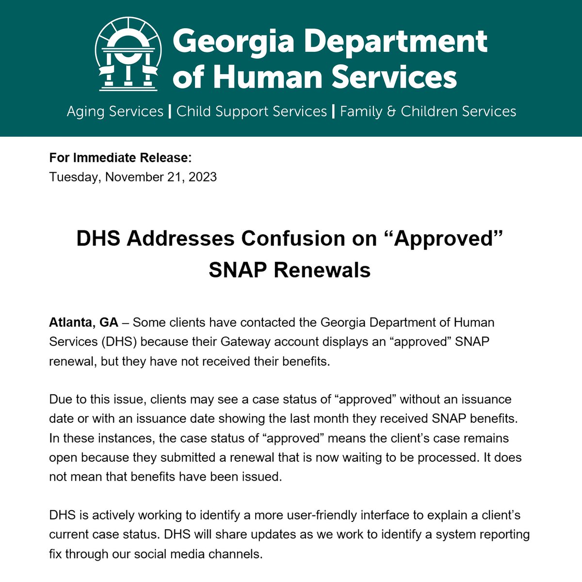 DHS Addresses Confusion on “Approved” SNAP Renewals

Read more in our press release: dhs.georgia.gov/press-releases…