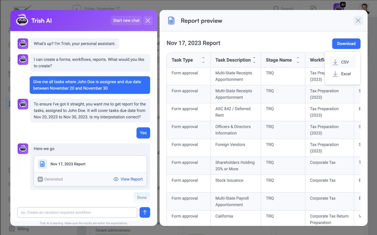 Trisk_io's tweet photo. Trish AI delivers 2 types of reports tailored to your needs:
1๏ธโฃQuick Responses: Get instant answers to direct questions like โWho is the assignee of XYZ task?โ
2๏ธโฃComprehensive Views: Detailed table views: preview, edit, and download in CSV or XLSX.
Experience seamless reporting! https://t.co/gc5ohebDu6