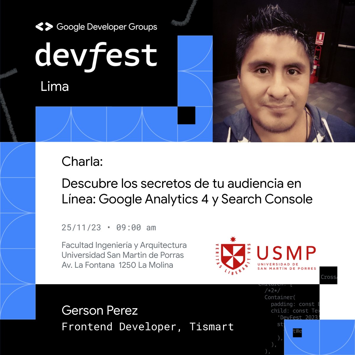 gdglima's tweet photo. 📢 ¡Conoce a nuestros #Expositores !
Estará Gerson Perez acompáñanos en su charla sobre "Descubre los Secretos de tu Audiencia en Línea: Google Analytics 4 y Search Console"
📍 FIA USMP
📅 25/11 09:00
📢 Registro https://t.co/9GieAaeMnk
#devfest #devfestlima #devfestlima23 https://t.co/ZAeSjrjBka