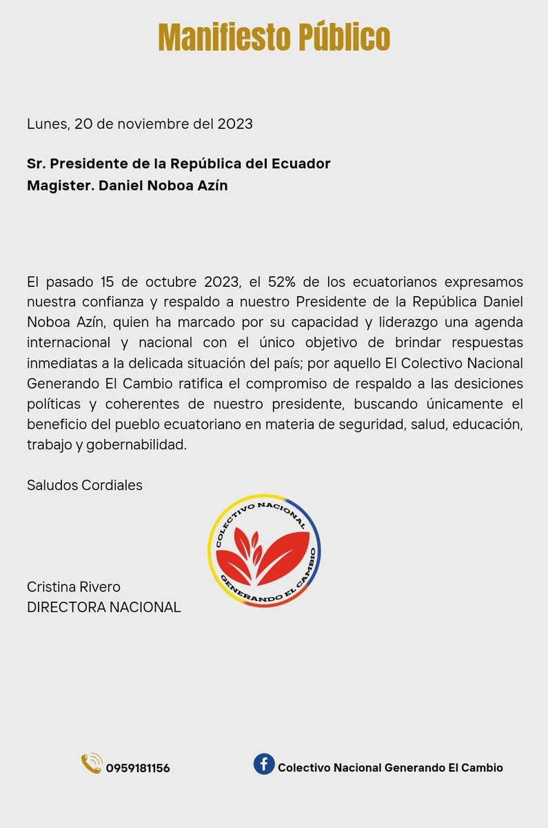 CristinaRiver07's tweet photo. Estimado sr presidente @DanielNoboaOk quienes conformamos nuestro colectivo #GenerandoElCambio sus bases y organizaciones a nivel nacional respaldamos rotundamente las decisiones que ha tomado sobre el #Legislativo y el #Ejecutivo ya que son oportunas para levantar nuestro País https://t.co/YjAd2GzPXd
