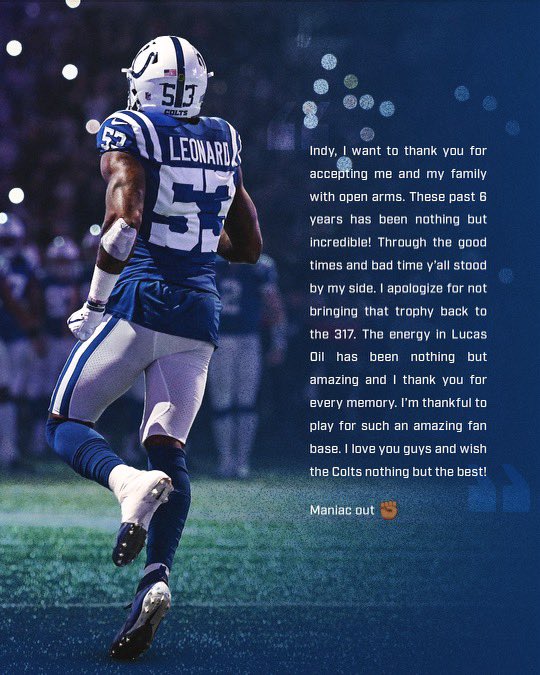 TouchbackPT's tweet photo. Os Colts dispensaram Darius Leonard. 

O jogador deixou uma mensagem de despedida aos adeptos dos Colts. https://t.co/kb8GyBI4dB