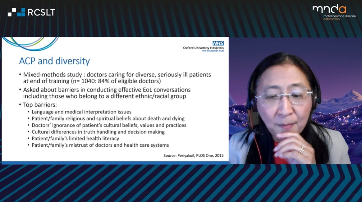 RCSLT's tweet photo. Professor Bee Wee looks at the important issue of diversity & cultural sensitivity in advanced care planning #MNDSH @mndeducation https://t.co/B6sREYIeR6