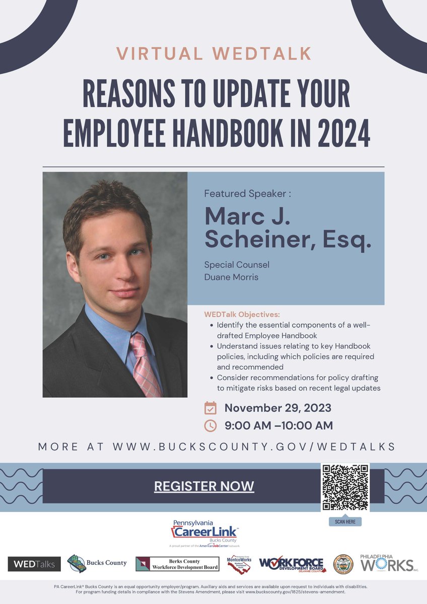 PACareerlinkBC's tweet photo. Attention Employers! Have you updated your employee handbook recently? Attend our virtual WED Talk on 11/29 from 9-10am to learn more! 
Registration Link: https://t.co/qWDOQzVrcN
#employers #employersupport #smallbusiness #smallbusinessowner #webinar #wedtalk https://t.co/h3xYpsvhF0