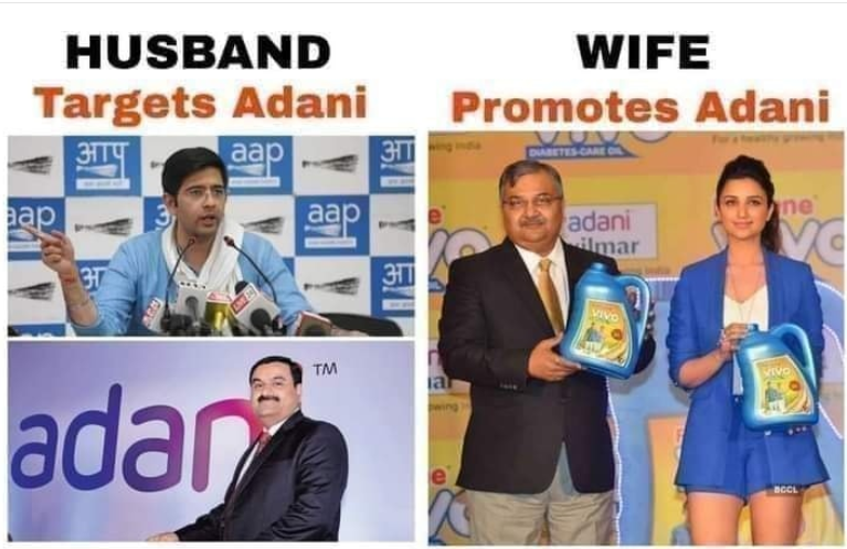 noconversion's tweet photo. Hypocrisy...They both make money from Adani ...@raghav_chadha by abusing Adani  and @ParineetiChopra by promoting Adani ...Dramebaaz log @AtishiAAP   @ArvindKejriwal   @AapKaGopalRai ... https://t.co/AaPNU04QQj