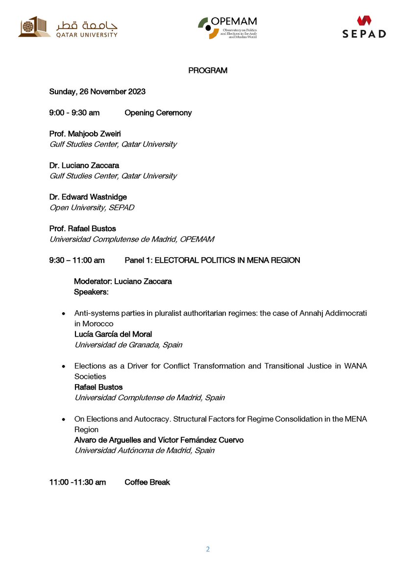 QUGulfStudies's tweet photo. 🗳️ The workshop: "Understanding Electoral Politics and State-Society Relations in the Gulf, Middle East and North Africa"  is coming soon.

📢 Co-organized by @QUGulfStudies, @ProjectSEPAD and @OPEMAM 

📅: 26 Nov, 2023 

📍 QU, I09, Room 119

📋Program 👇👇👇 https://t.co/2kmVWY7XxI