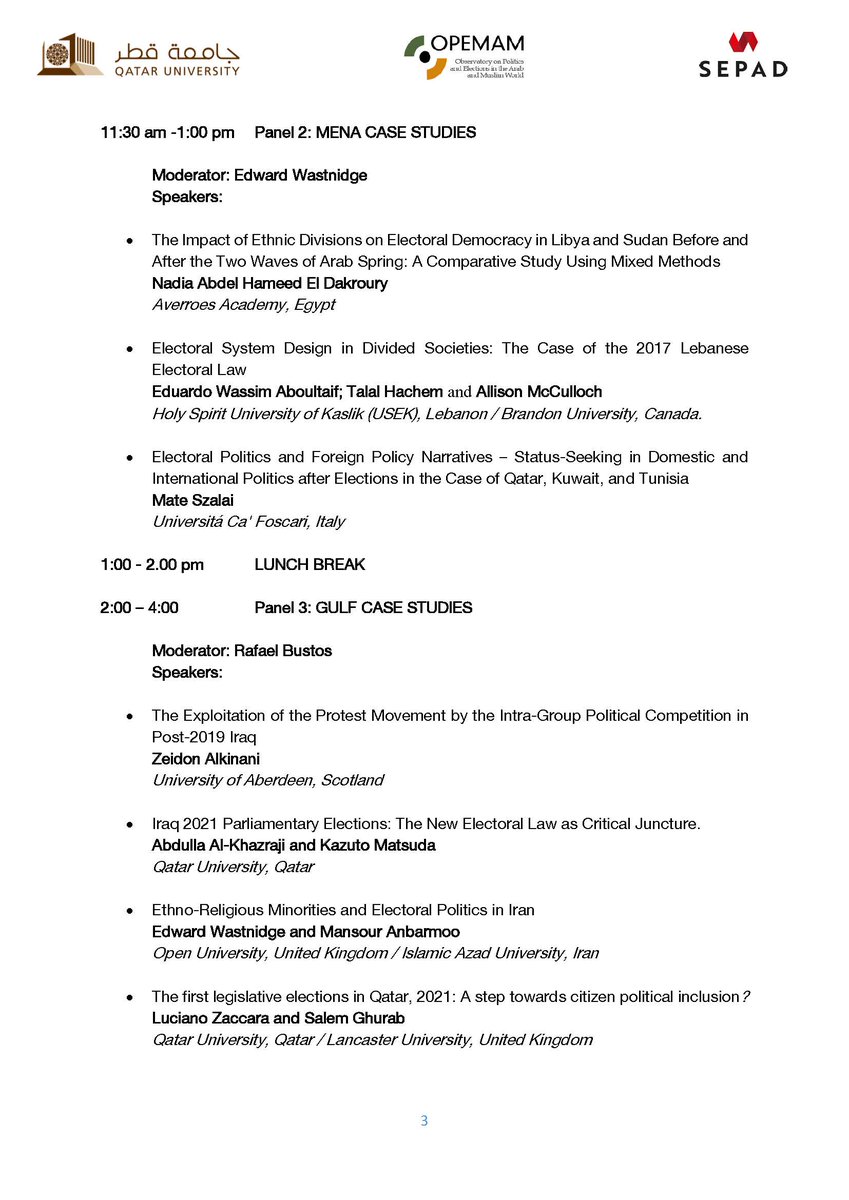 QUGulfStudies's tweet photo. 🗳️ The workshop: "Understanding Electoral Politics and State-Society Relations in the Gulf, Middle East and North Africa"  is coming soon.

📢 Co-organized by @QUGulfStudies, @ProjectSEPAD and @OPEMAM 

📅: 26 Nov, 2023 

📍 QU, I09, Room 119

📋Program 👇👇👇 https://t.co/2kmVWY7XxI