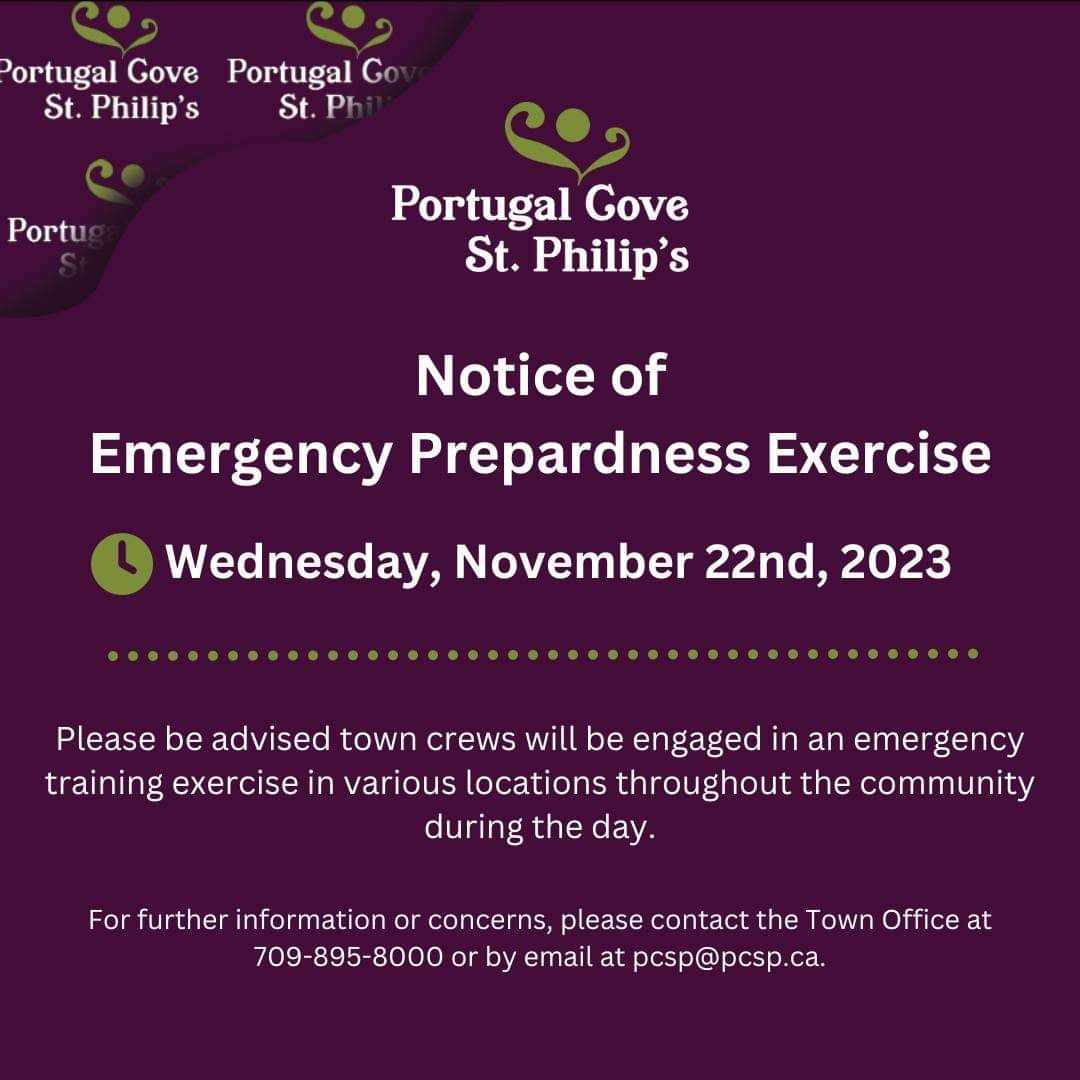 Town employees including members of the Fire Dept and other agencies will be participating in an Emergency Preparedness Exercise tomorrow Nov. 22. Note you will see an increased volume of emergency responders and town crews around the community. @NTVNewsNL @CBCNL @VOCMNEWS