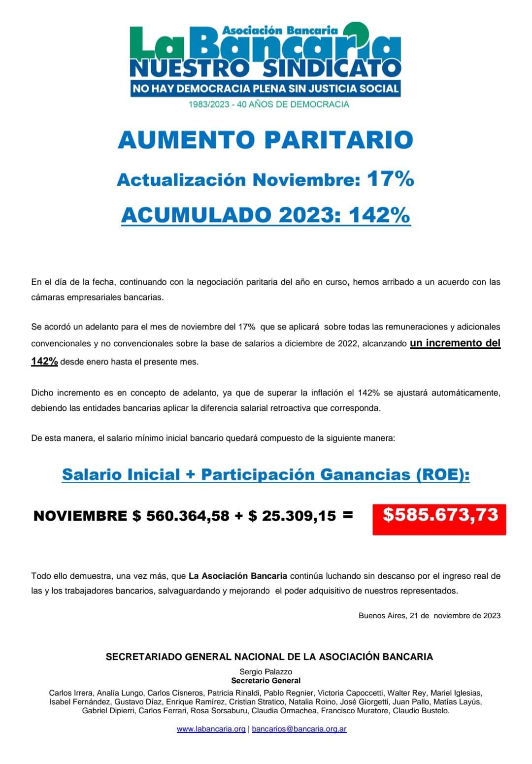 La Bancaria abrochó una mejora del 17% para noviembre, acumula un aumento anual del 142% y lleva el salario inicial a casi 600 mil pesos