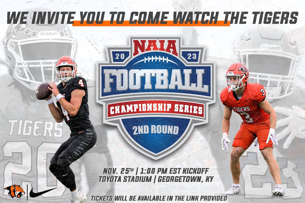 🚨Tiger Nation, don’t forget to order your tickets in the link below for this Saturday’s 2nd Round Playoff game against Baker University!🎟️

Show up and be loud!🗣️

🔗: …orgetowncollege.hometownticketing.com/embed/all?venu…

#TigerPride🐅 | #1and0