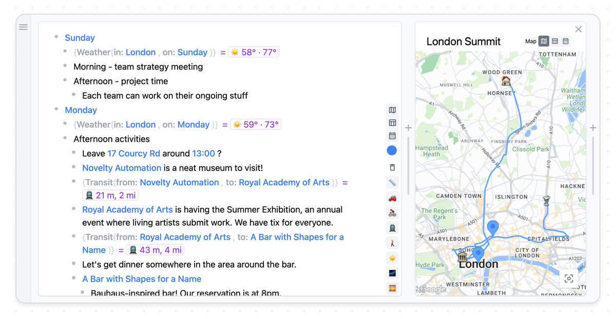 ✨ New work w/ @paulsonnentag and @alexobenauer at @inkandswitch! We prototyped a new kind of flexible software for travel planning: just jot down a plan, then gradually bring tools like maps, routes, and weather directly into your notes. inkandswitch.com/embark/ backstory: 1/