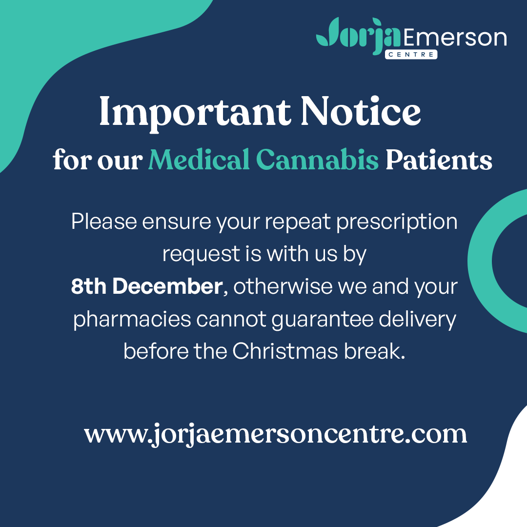 JEmersonCentres's tweet photo. Important Notice for our Medical Cannabis Patients:
Please ensure your repeat prescription is received by us no later than 8th December, otherwise we and your pharmacies cannot guarantee delivery before the Christmas break
#christmas #repeatprescriptions #JEC https://t.co/lXpPXWfJhf