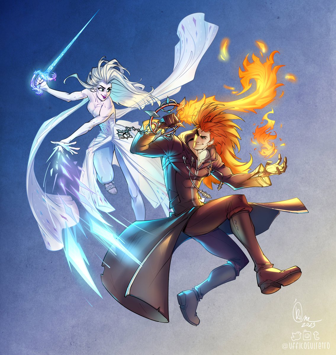Commissioned the wonderful <a href="/ufficiosulretro/">Irene 🦔 - working on commissions! ✏️ 📑</a> for this absolutely phenomenal and gorgeous artwork of Axel/Lea (Kingdom Hearts) and Elsa (Frozen as well as Kingdom Hearts!) having some fun fire and ice sparring :3 Thank you so much, I love it! 🔥❄️💕