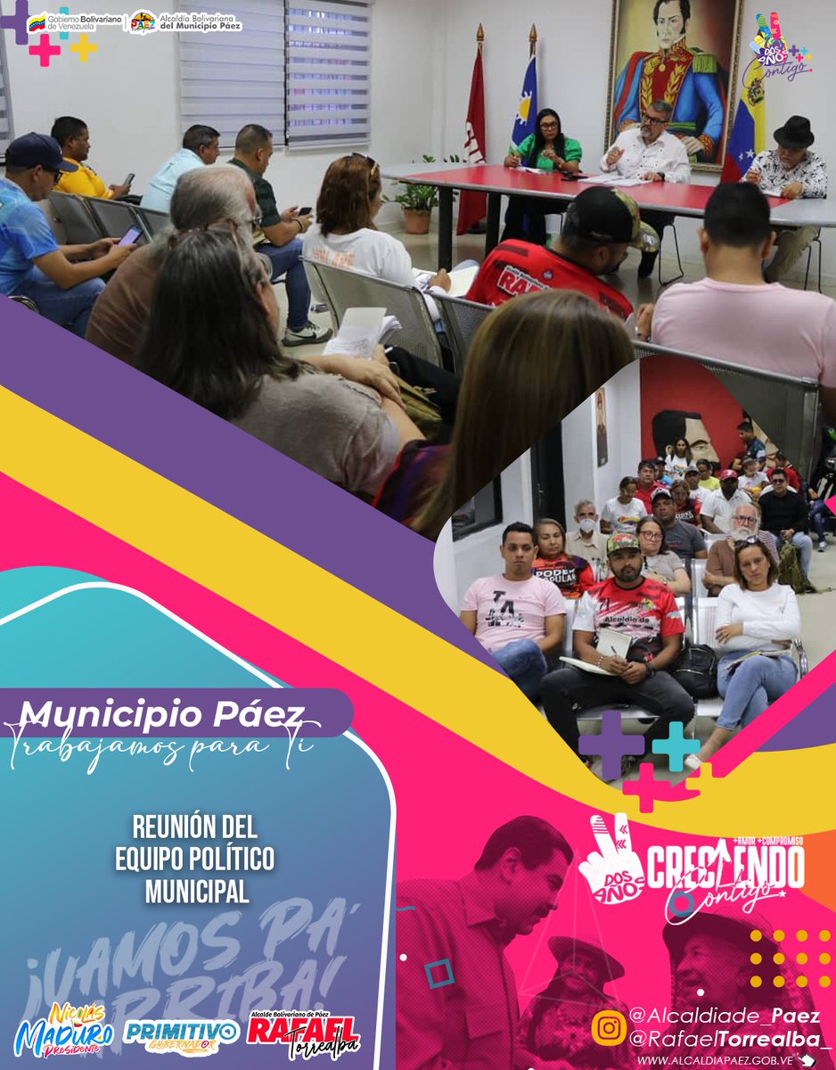 El alcalde Rafael Torrealba sostuvo una reunión de trabajo con miembros del Equipo Político Municipal del PSUV

🖥️ alcaldiapaez.gob.ve

#PáezProduceYCrece
#1x10DelBuenGobierno
#TuFuturoNuestroCompromiso #AcariguaMeEncanta

<a href="/nicolasmaduro/">Nicolás Maduro</a> <a href="/PrimitivoPsuv/">Antonio Primitivo Cedeño</a> <a href="/rtorrealba_/">Rafael Torrealba</a>