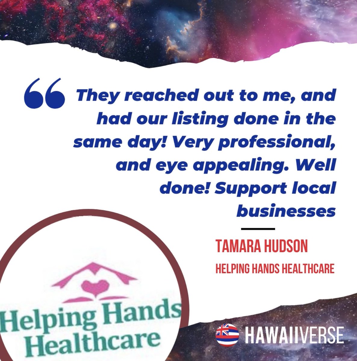 'They reached out to me and had our listing done in the same day! Very professional and eye-appealing. Well done! Support local businesses' - Tamara Hudson, Helping Hands Healthcare

#hawaiiverse #mahalonuiloa #supportlocalhi #supportlocalhawaii  #review #testimonial