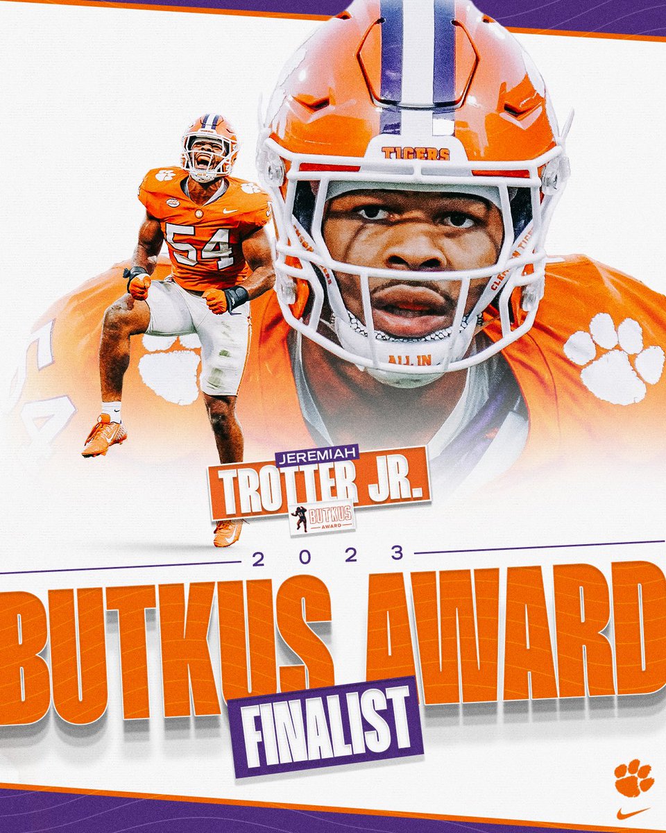 ClemsonFB's tweet photo. 𝙎𝙒𝙄𝙉𝙂 𝙏𝙃𝙀 𝘼𝙓𝙀

The ONLY player in the nation with:
🪓14+ TFLs
🪓5+ sacks
🪓Multiple INTs
🪓Multiple forced fumbles 
🪓A pick-six

@TrotterJr54 is one of five Butkus Award finalists.

📰: https://t.co/Bgdv3Y6utC https://t.co/3tLaSlVrnc