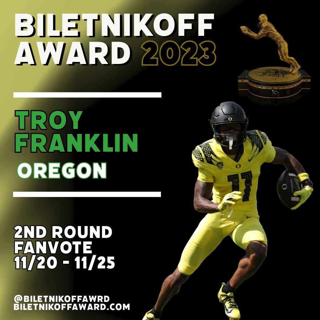 Fans can vote for Troy on FanVote! Biletnikoffaward.com/fan-vote. The top 3 vote-getters will each earn 1 official committee vote to determine the Biletnikoff Award finalists. #OutstandingReceiver #NCFAA