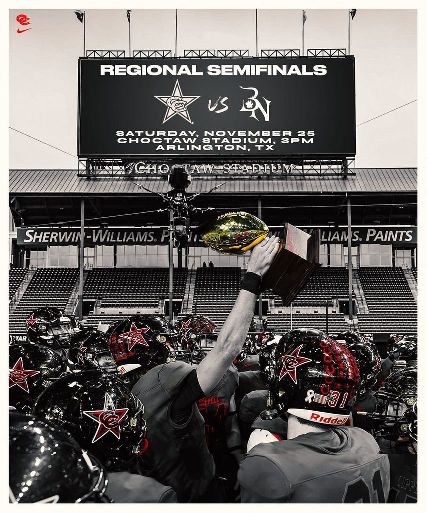 Our Area Champs Coppell Cowboys take on Byron Nelson High School in the next playoff round on Saturday, Nov. 25 at 3 p.m. at Choctaw Stadium in Arlington. Get your tickets at go.coppellisd.com/Tickets for $15 and let's pack the stands! #CowboyFightNeverDies