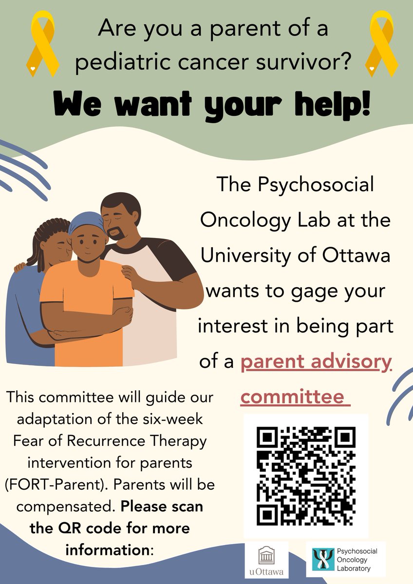 1/2We are looking for interested parents of pediatric cancer survivors for an advisory committee on a parent-specific adaptation of the Fear of Cancer Recurrence (FORT) intervention. Help us create an intervention that addresses #fearofrecurrence for parents.
