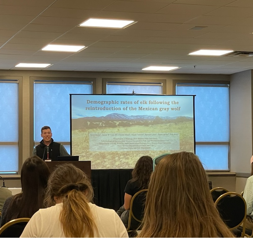 nmsu_fwce's tweet photo. Lots of presentations by FWCE folks this past month. For instance, FWCE students, postdocs &amp; faculty gave 15 talks at the annual meeting of The Wildlife Society in Louisville. Here are Scott Boyle, Sam Martinez, Kristen Davis &amp; Erica Christensen presenting their research https://t.co/V3oKbuDHfy