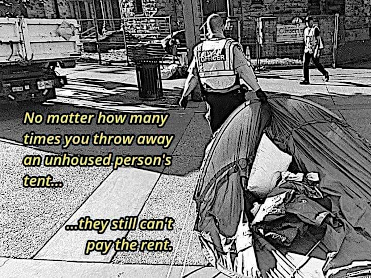 kalmantibs's tweet photo. "No matter how many times you throw away an unhoused person's tent... they still can't pay the rent."

🙏🏼🌍🕊️

📷 Isa Stefanov https://t.co/tRHgpZoQWs