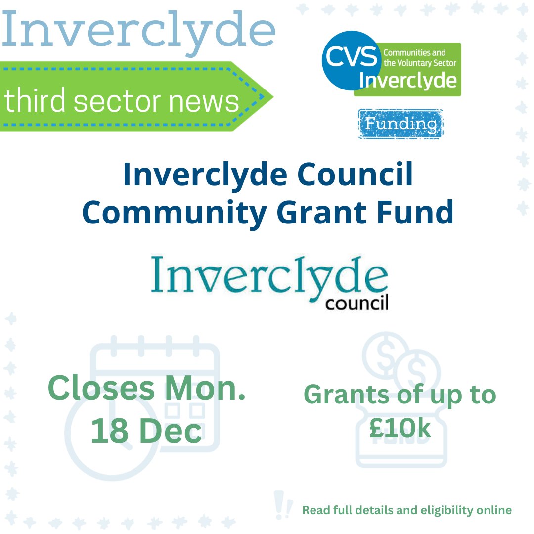 .@inverclyde Council Community Grants Fund is now open! Grants of up to £10k are available for three categories: Facilities/Core Costs; Project Costs; Fee Waivers. Closes 12 noon on Monday 18 December 2023. Read more: inverclyde.gov.uk/community-life….