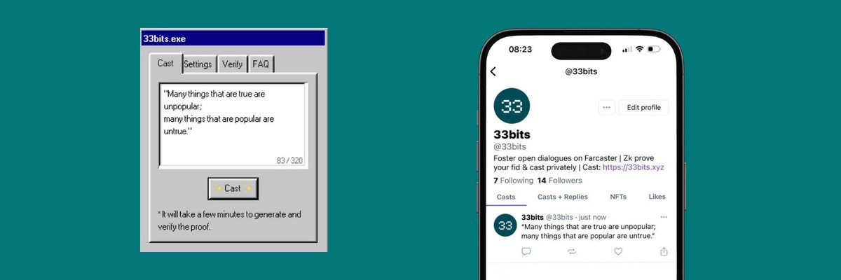fastfourier_eth's tweet photo. Itβs live - https://t.co/tpvZZjP3pe, post anon on Farcaster
ZK prove your FID is <= 10001 and cast onΒ fc/33bits feed without disclosing your account.
@kugusha and i built it with the intention to provoke open dialogues and explore how the FC community will use (or abuse) their privacy.