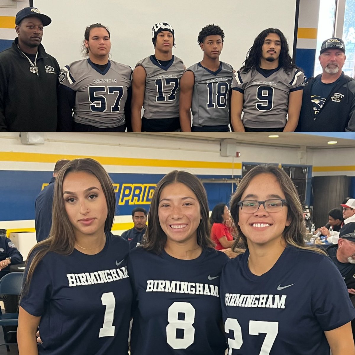 Birmingham football leaders from Flag Football Championship Team and Boys Open Division Finalists representing @BCCHSAthletics @bcchspatriots @CIFLACS Breakfast of Champions event.