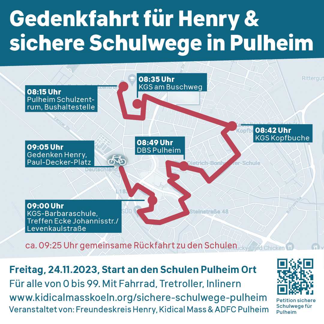 Es darf KEIN weiteres Kind in Pulheim im Straßenverkehr getötet/verletzt werden. 
9000 Menschen unterstützen Petition "Sichere Schulwege Pulheim" 
Übergabe erfolgt an Bürgermeister bei Gedenkfahrt für Henry. 
Kommt und gebt der Petition nicht nur eure Stimme, sondern ein Gesicht!