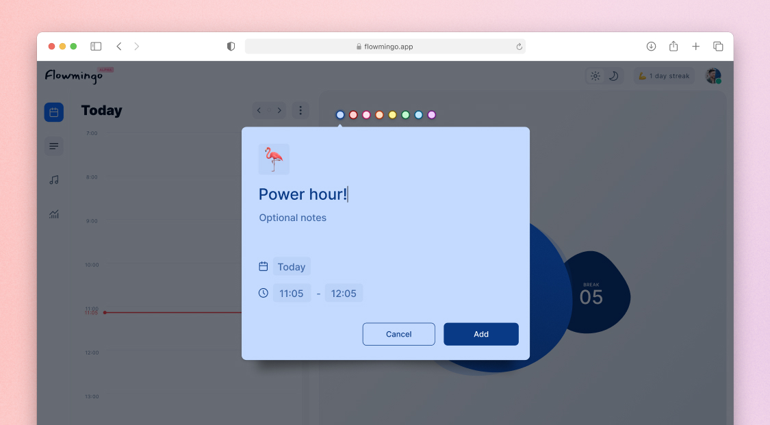 MrChrisWeston's tweet image. ✨Time blocking in Flowmingo

Updated the event creation a little - trying to make it feel less like a serious calendar event and more of a light-hearted way to plan out your day

#buildinpublic @GetFlowmingo